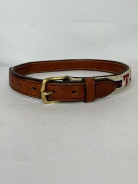 Handstitched Needlepoint Belt with Leather Trim. Tan, Blue & Maroon. "TJB" 28"